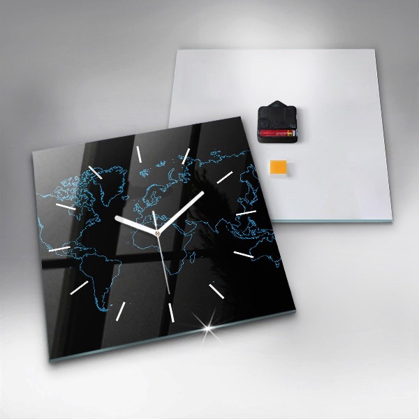 Square glass wall clock World map outlines