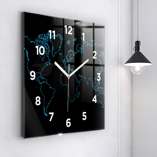 Square glass wall clock World map outlines