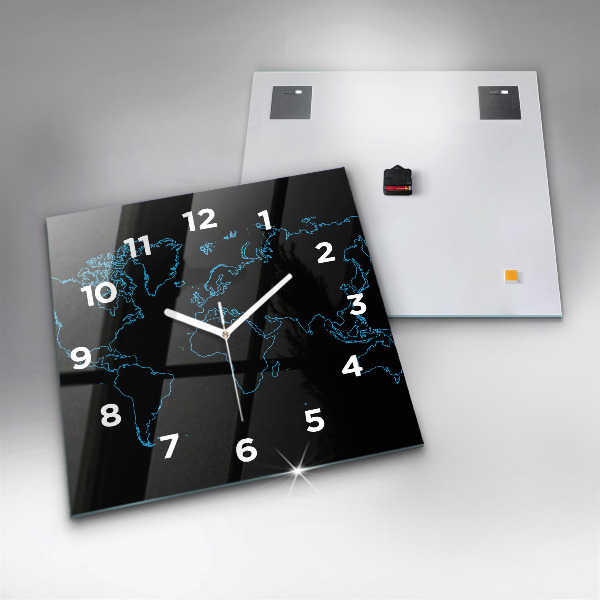 Square glass wall clock World map outlines