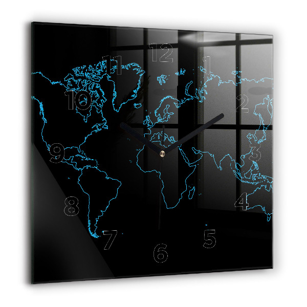 Square glass wall clock World map outlines