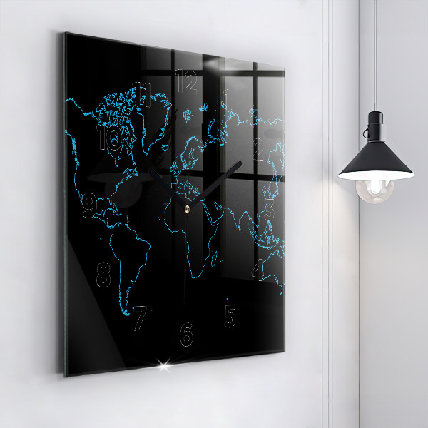 Square glass wall clock World map outlines