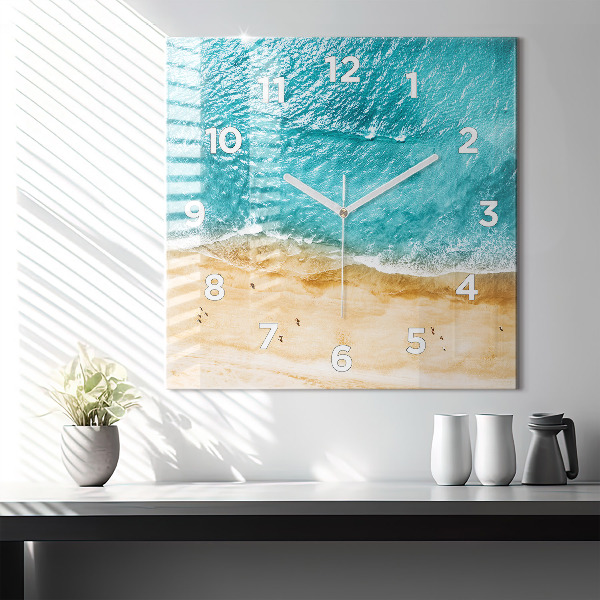 Square glass wall clock sea beach people