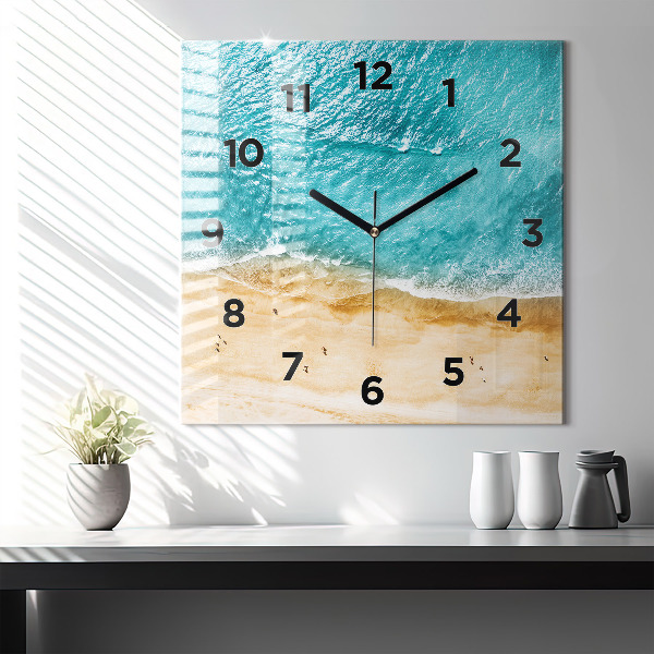Square glass wall clock sea beach people