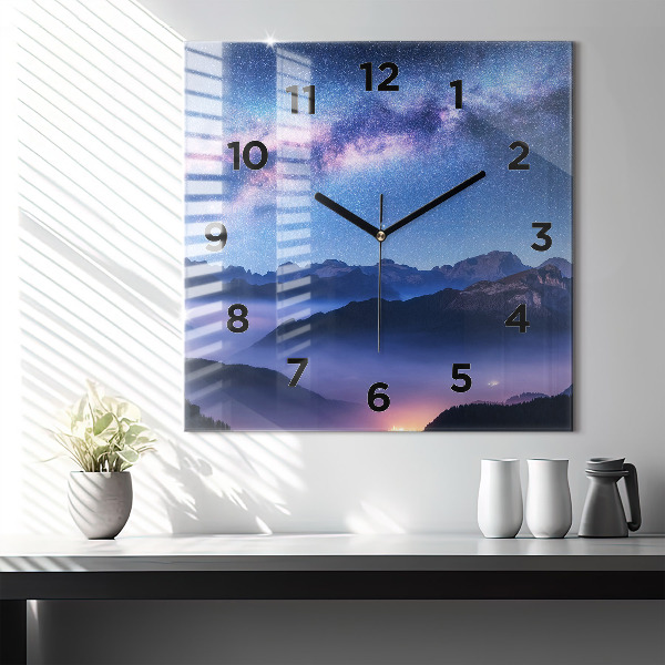 Square glass wall clock Milky Way and Mountains