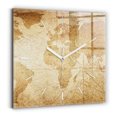 Square glass wall clock Vintage world map