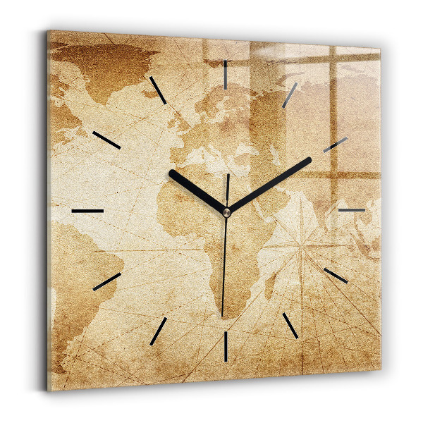 Square glass wall clock Vintage world map