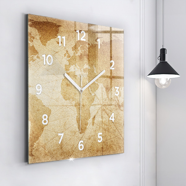 Square glass wall clock Vintage world map