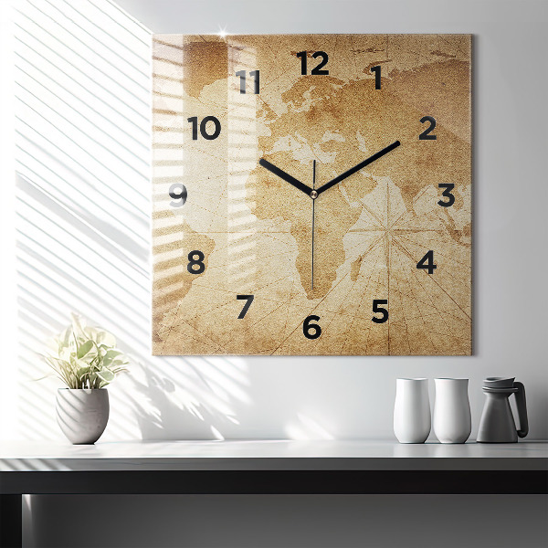 Square glass wall clock Vintage world map