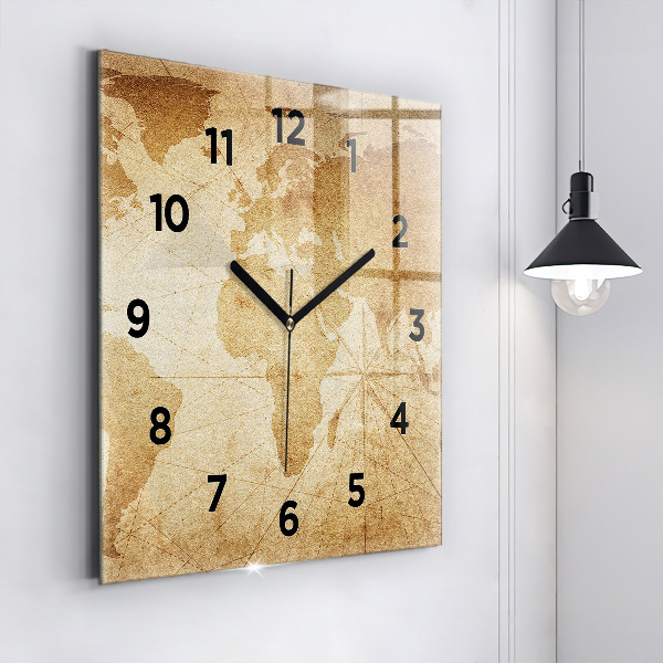 Square glass wall clock Vintage world map