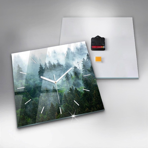 Square glass wall clock Misty forest