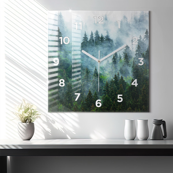 Square glass wall clock Misty forest