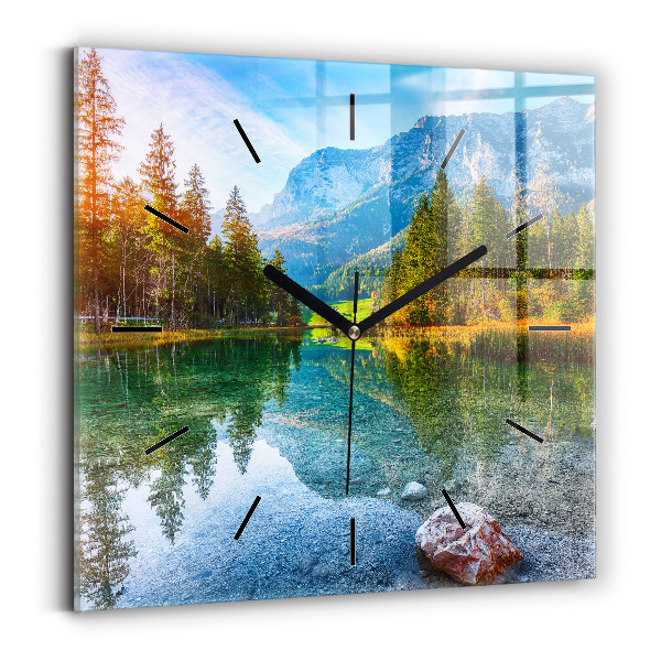 Square glass wall clock River Mountains Landscape