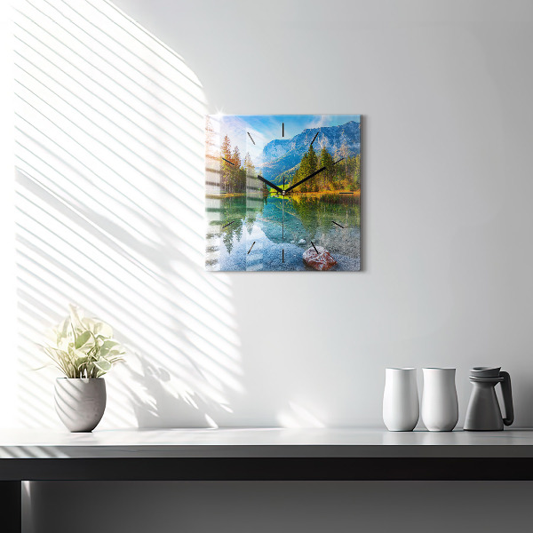 Square glass wall clock River Mountains Landscape