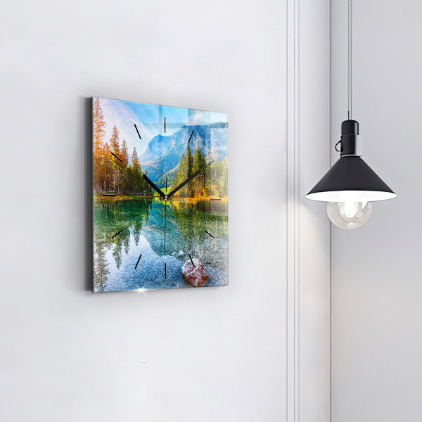 Square glass wall clock River Mountains Landscape