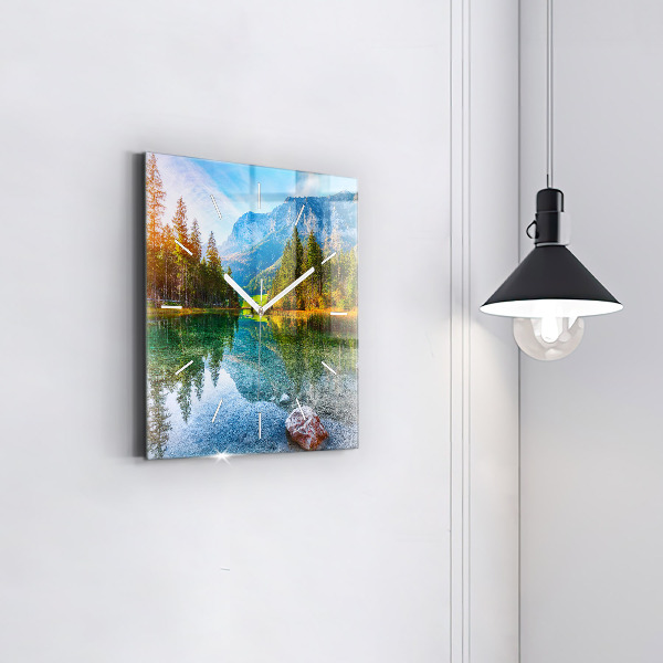 Square glass wall clock River Mountains Landscape