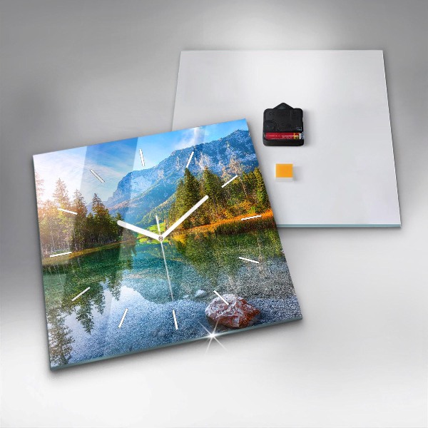 Square glass wall clock River Mountains Landscape