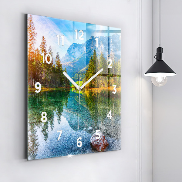 Square glass wall clock River Mountains Landscape