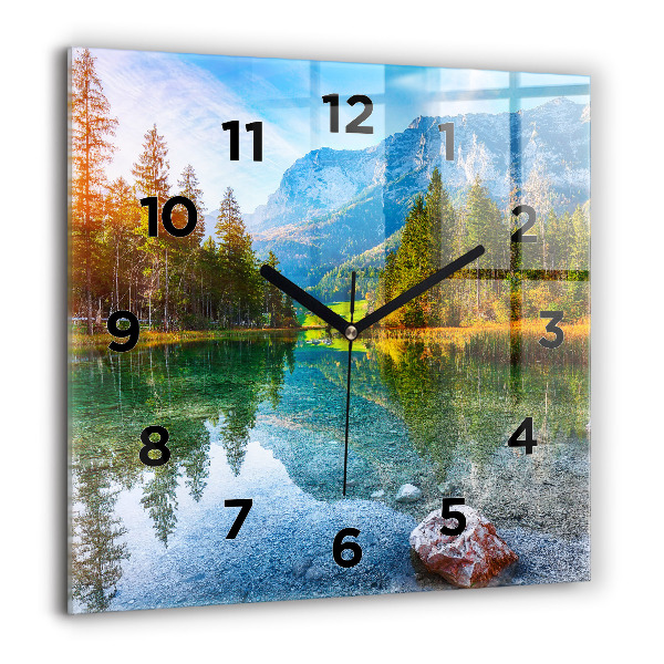 Square glass wall clock River Mountains Landscape