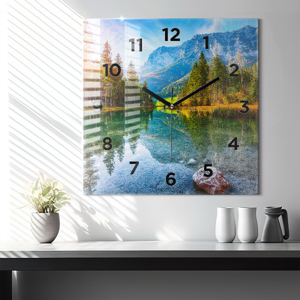 Square glass wall clock River Mountains Landscape
