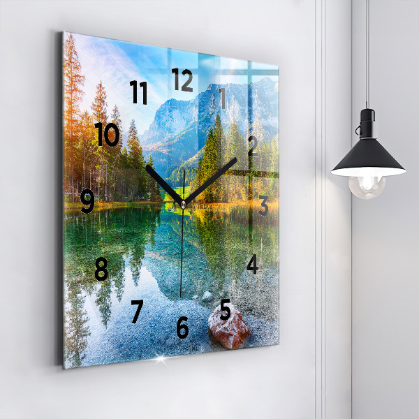 Square glass wall clock River Mountains Landscape