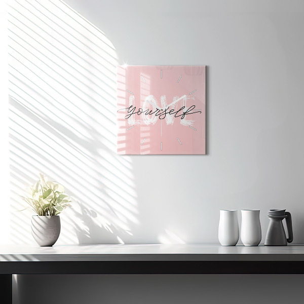 Square glass wall clock The inscription Love yourself