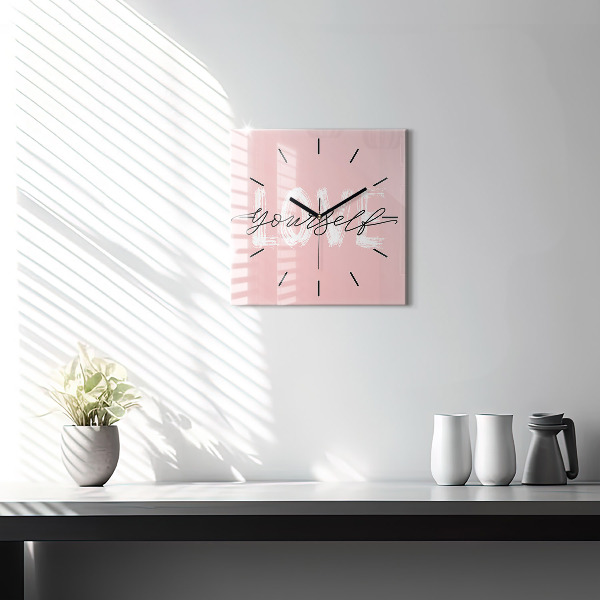 Square glass wall clock The inscription Love yourself