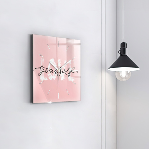 Square glass wall clock The inscription Love yourself