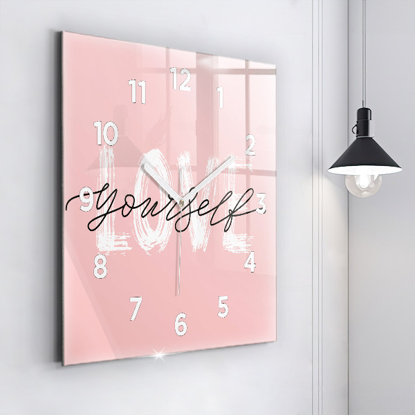 Square glass wall clock The inscription Love yourself