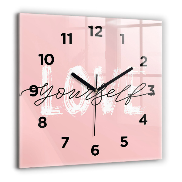 Square glass wall clock The inscription Love yourself