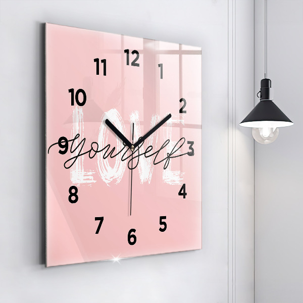 Square glass wall clock The inscription Love yourself