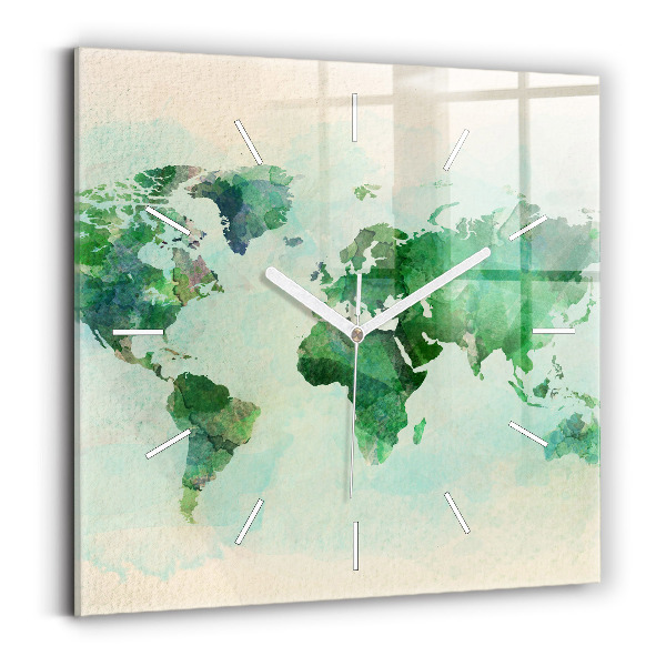 Square glass wall clock Watercolor world map