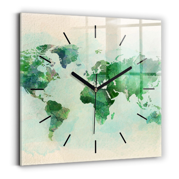 Square glass wall clock Watercolor world map