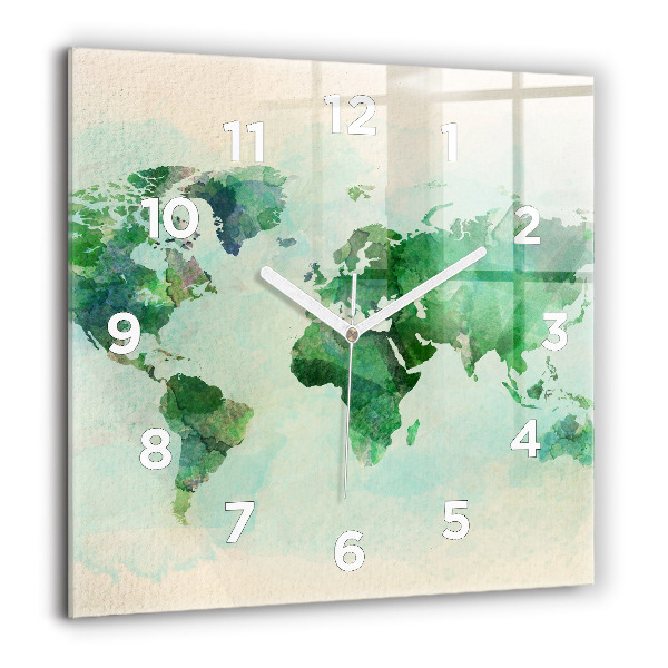 Square glass wall clock Watercolor world map