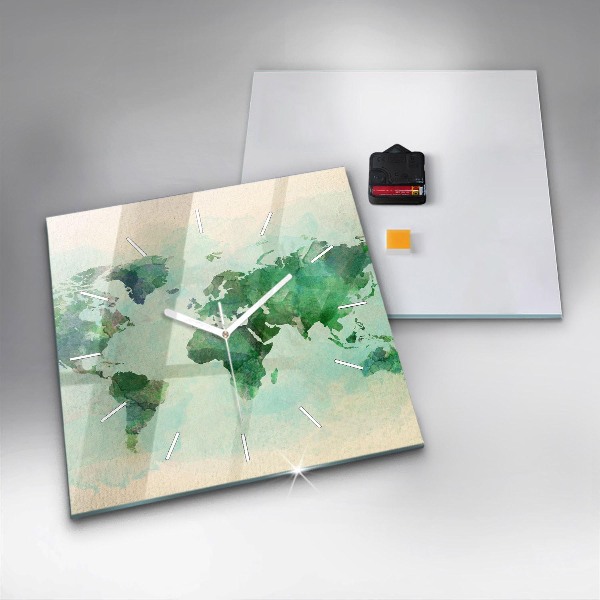 Square glass wall clock Watercolor world map