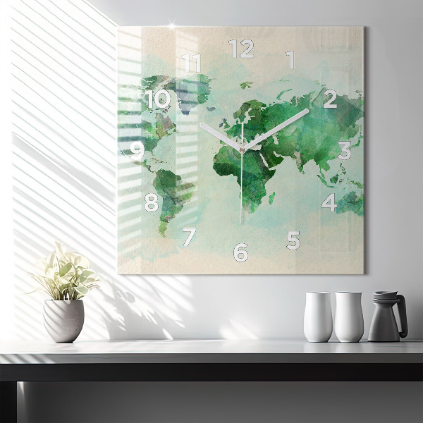 Square glass wall clock Watercolor world map