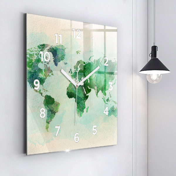 Square glass wall clock Watercolor world map