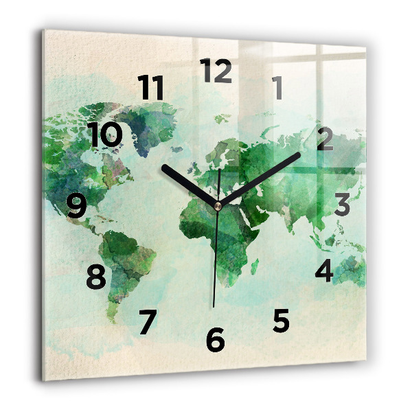 Square glass wall clock Watercolor world map