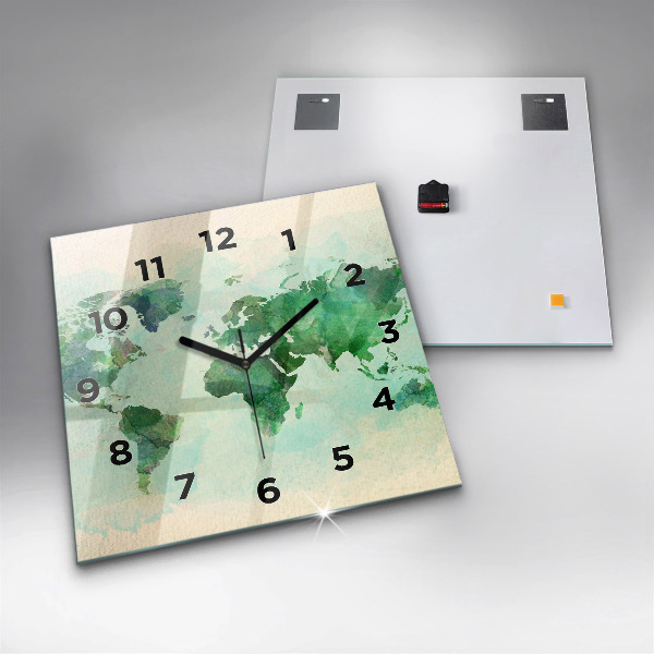 Square glass wall clock Watercolor world map