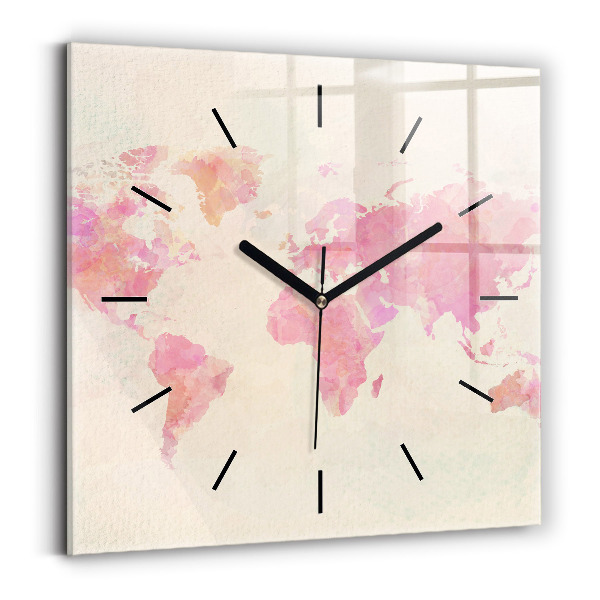 Square glass wall clock Watercolor world map