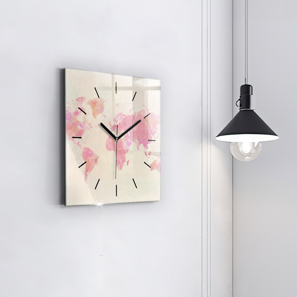 Square glass wall clock Watercolor world map