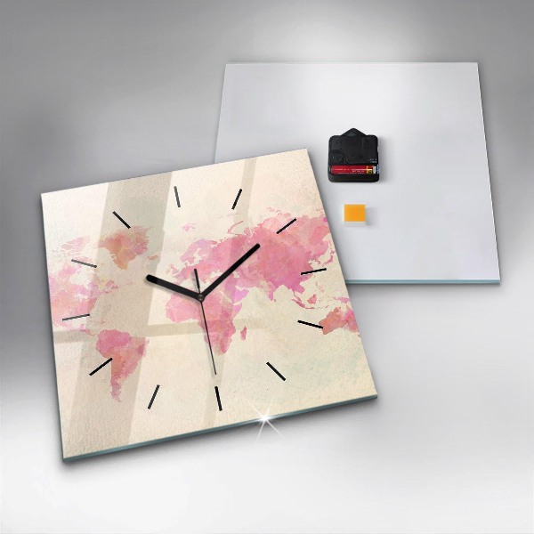 Square glass wall clock Watercolor world map