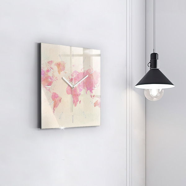 Square glass wall clock Watercolor world map