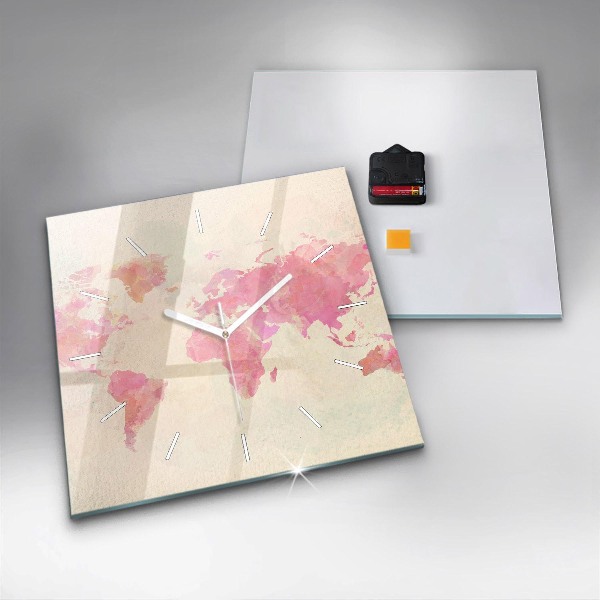 Square glass wall clock Watercolor world map