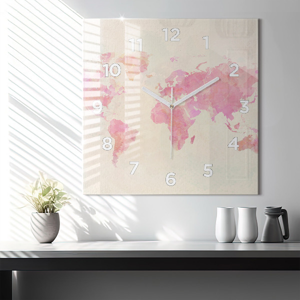 Square glass wall clock Watercolor world map