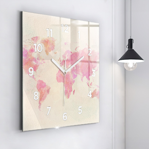 Square glass wall clock Watercolor world map