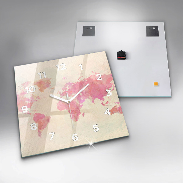 Square glass wall clock Watercolor world map