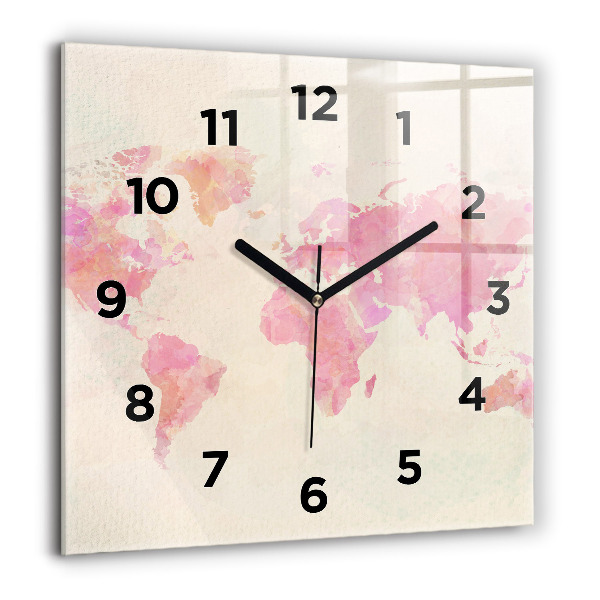 Square glass wall clock Watercolor world map