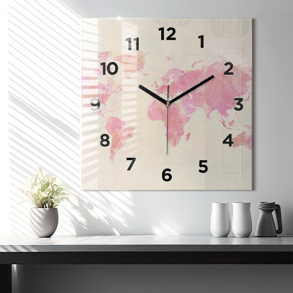 Square glass wall clock Watercolor world map