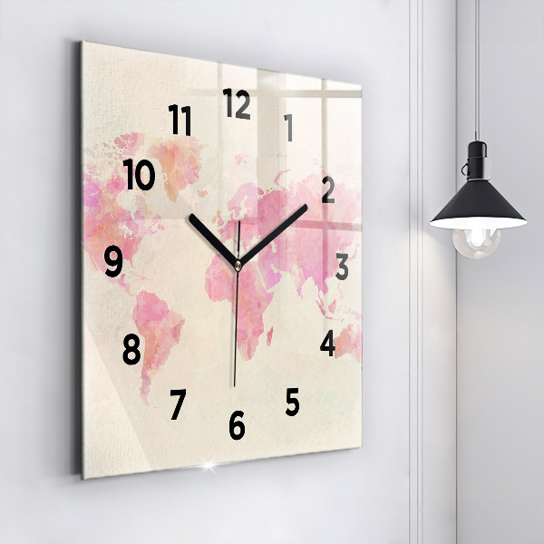 Square glass wall clock Watercolor world map