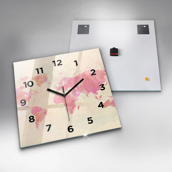 Square glass wall clock Watercolor world map